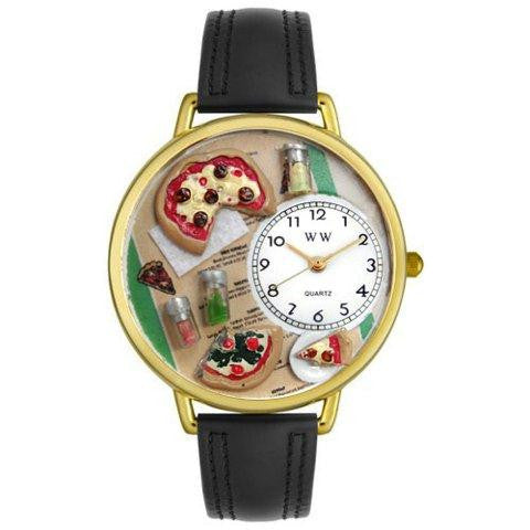 Whimsical Unisex Pizza Lover Black Leather Watch