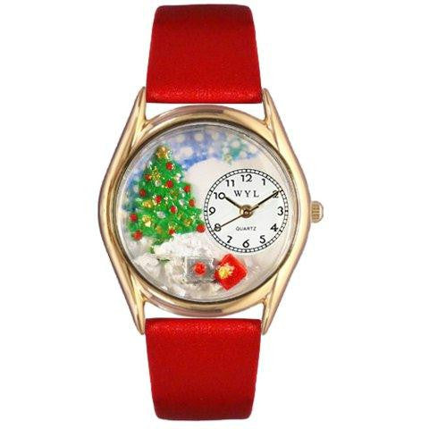 Whimsical Womens Christmas Tree Red Leather Watch