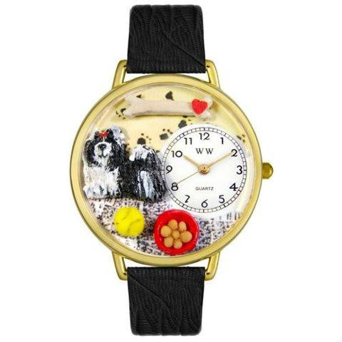 Whimsical Unisex Shih-Tzu Black Skin Leather Watch