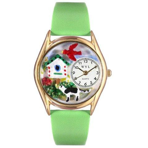 Whimsical Womens Birdhouse Cat Black Leather Watch