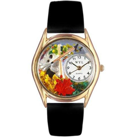 Whimsical Womens Autumn Leaves Black Leather Watch