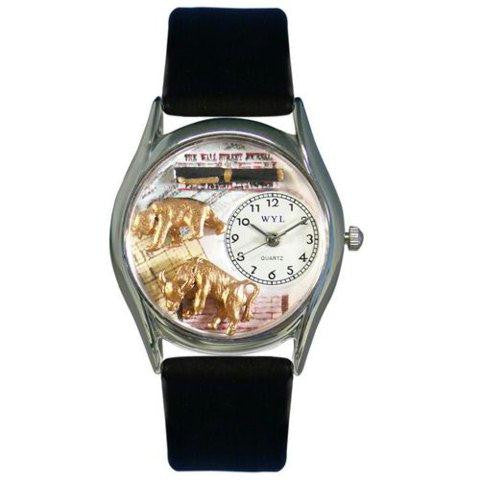 Whimsical Womens Stock Broker Black Leather Watch