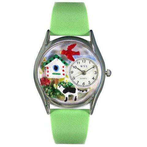 Whimsical Womens Birdhouse Cat Black Leather Watch