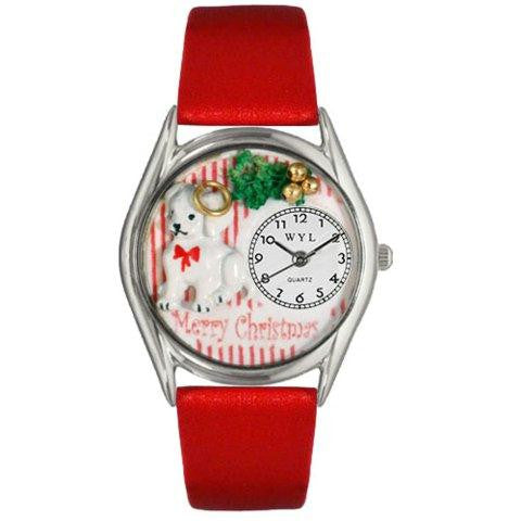 Whimsical Womens Christmas Puppy Red Leather Watch