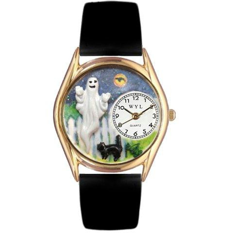 Whimsical Womens Halloween Ghost Black Leather Watch