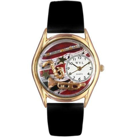 Whimsical Womens Wind Instruments Black Leather Watch