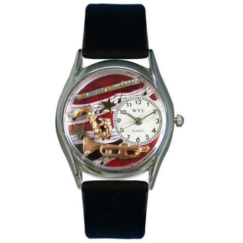 Whimsical Womens Wind Instruments Black Leather Watch