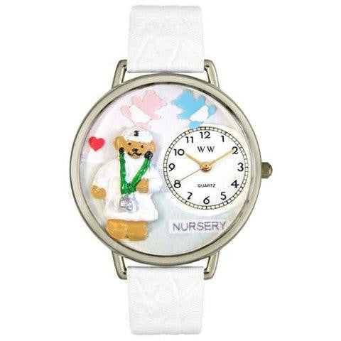 Whimsical Unisex Nurse Teddy Bear White Leather Watch