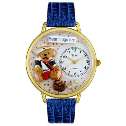 Whimsical Unisex Teddy Bear Hugs Royal Blue Leather Watch