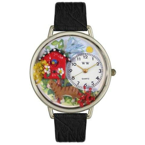 Whimsical Unisex Birdhouse Cat Black Skin Leather Watch