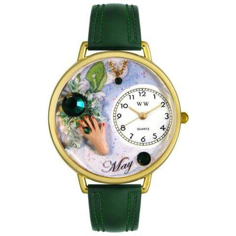 Whimsical Unisex Birthstone: May Hunter Green Leather Watch