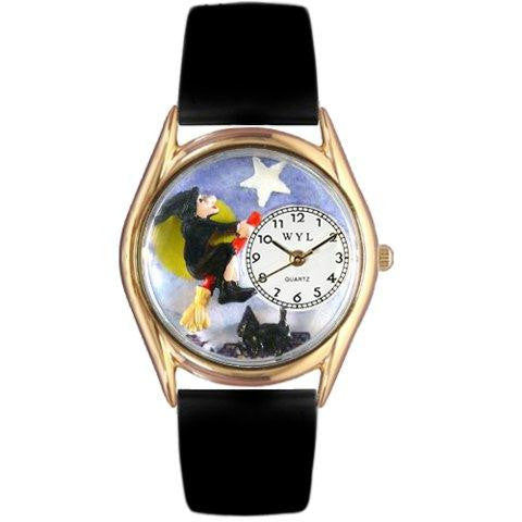 Whimsical Womens Halloween Flying Witch Black Leather Watch