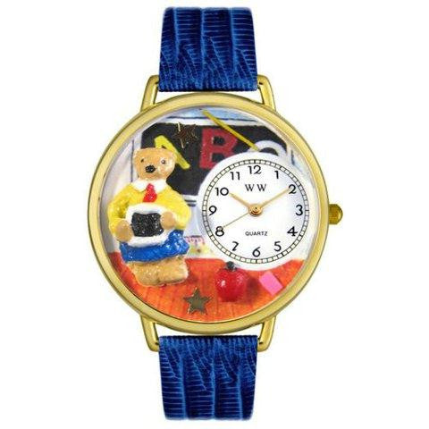 Whimsical Unisex Teacher Teddy Bear Royal Blue Leather Watch