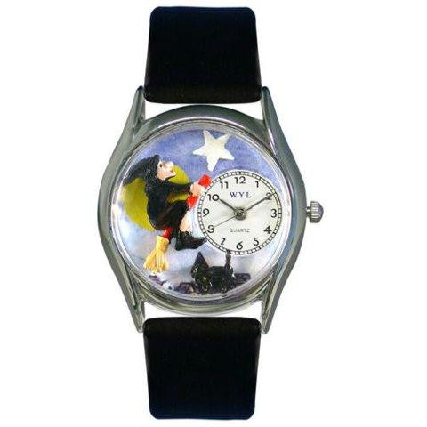 Whimsical Womens Halloween Flying Witch Black Leather Watch