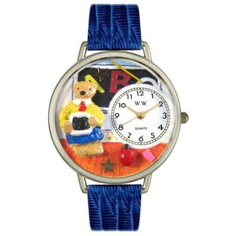 Whimsical Unisex Teacher Teddy Bear Royal Blue Leather Watch