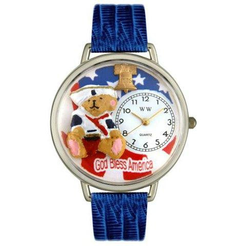 Whimsical Unisex Patriotic Teddy Bear Royal Blue Leather Watch