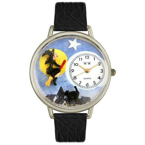 Whimsical Unisex Halloween Flying Witch Black Skin Leather Watch