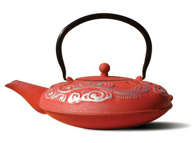 Lacquered Red-Silver Cast Iron Nara Teapot 40 Oz