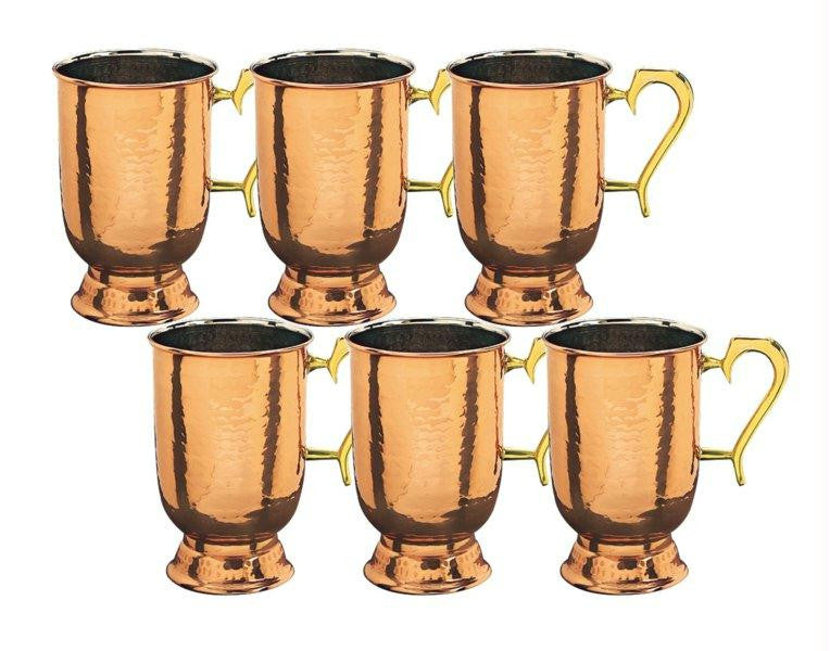 5.5 Inch Solid Copper Hammered Tankard w-Brass Handle 1 Pt. - Set of 6