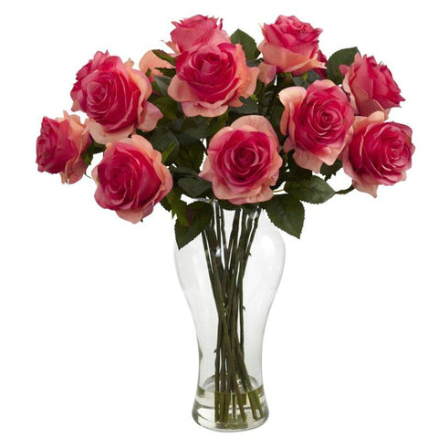 Dark Pink Blooming Roses w-Vase