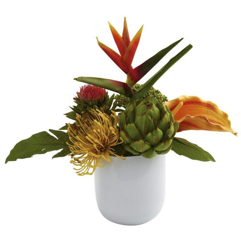 Tropical Floral Arrangement w-White Glass Vase