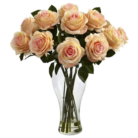 Peach Blooming Roses w-Vase