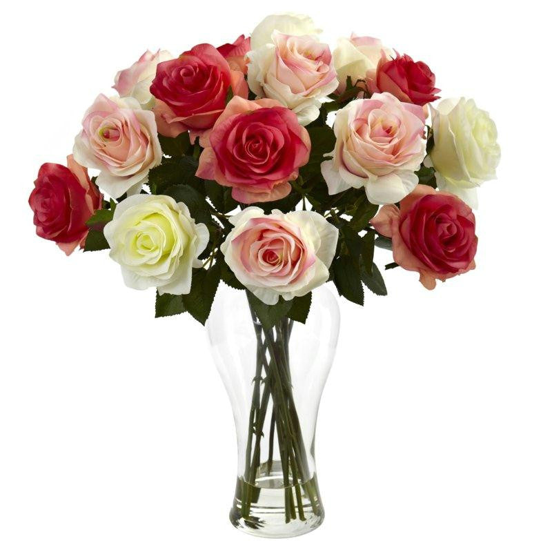 Assorted Blooming Roses w-Vase