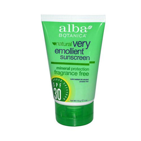 Alba Botanica Very Emollient Natural Sunscreen Mineral Protection Fragrance Free SPF 30 - 4 oz