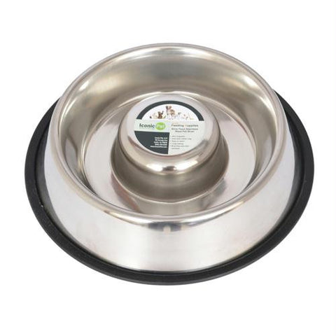 Iconic Pet - Slow Feed Stainless Steel Pet Bowl for Dog or Cat - Medium - 24oz