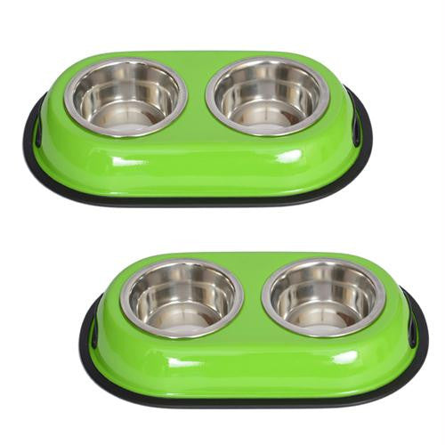 2 Pack Color Splash Stainless Steel Double Diner (Green) for Dog-Cat - 1-2 Pt - 8oz - 1 cup