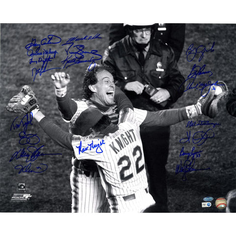 1986 Mets Multi Signed Knight Hugging Carter 16x20 Photo (19 Sigs) (MLB Auth)