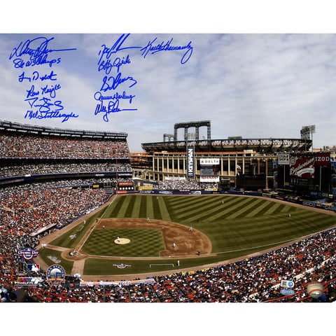 1986 NY Mets 11 Signature Shea Stadium Photo (wCiti Field in Background) 16x20 Photo w 86 WS Champs insc by Johnson (MLB Auth)