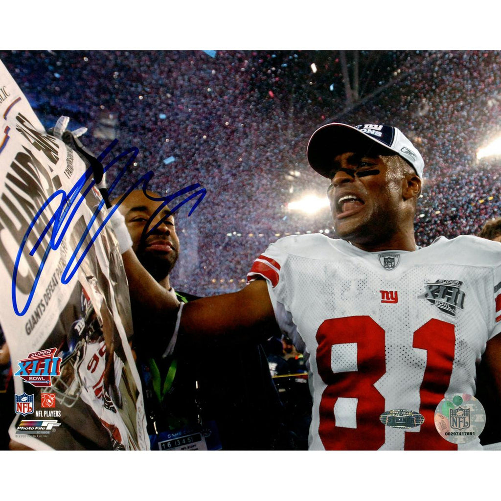 Amani Toomer SB XLII Celebration with Newspaper 8x10 photo