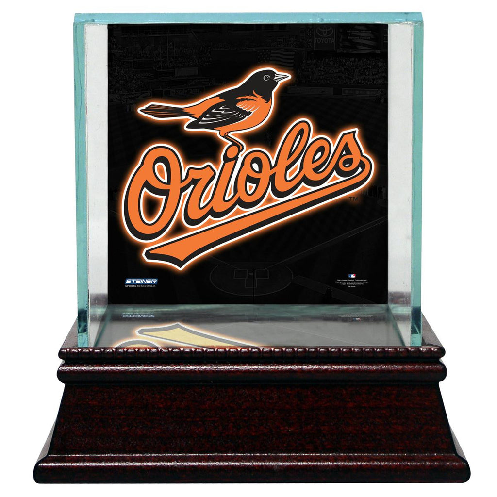 Baltimore Orioles Glass Single Baseball Case with Team Logo Background