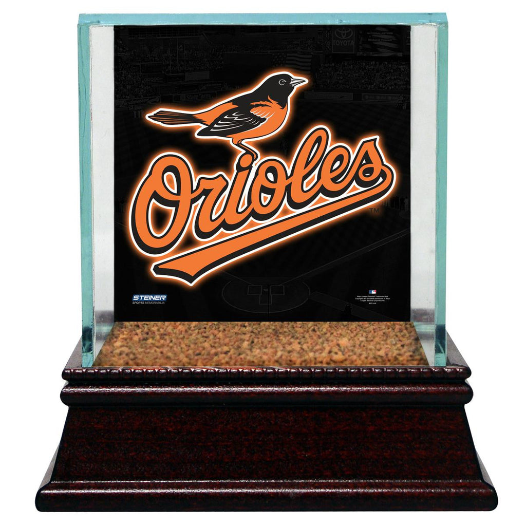 Baltimore Orioles Glass Single Baseball Case with Team Logo Background and Authentic Field Dirt Base (MLB Auth)