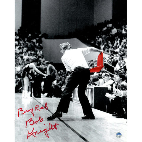 Bob Knight Signed Throwing Chair B&W w Red Chair 8x10 Photo w Bury Ref Insc.