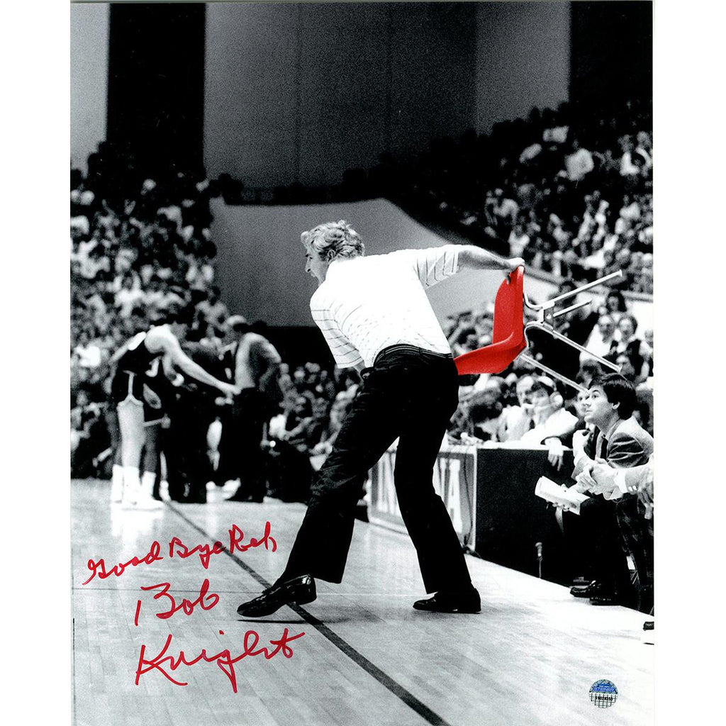 Bob Knight Signed Throwing Chair B&W w Red Chair 8x10 Photo w Good Bye Ref Insc.