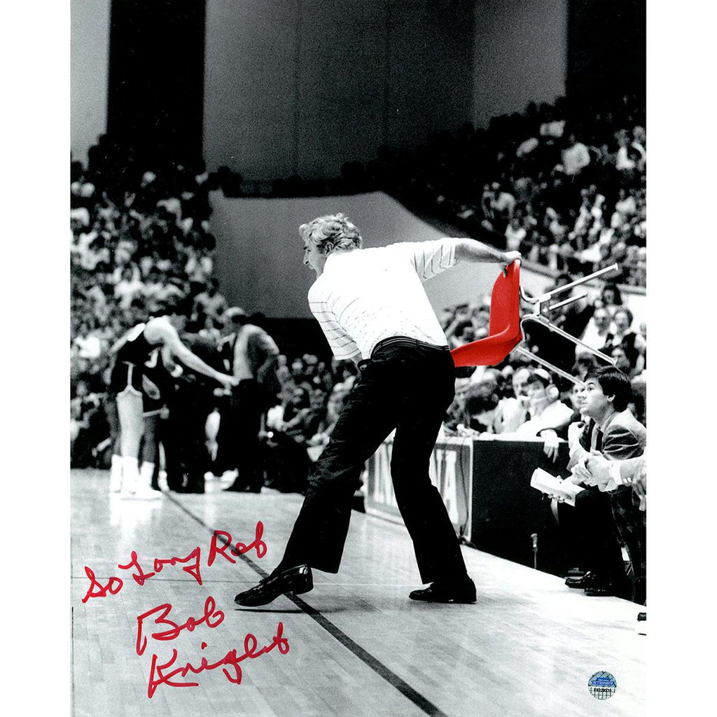 Bob Knight Signed Throwing Chair B&W w Red Chair 8x10 Photo w So Long Ref Insc.