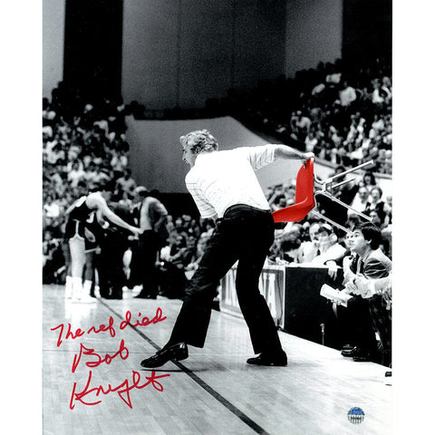 Bob Knight Signed Throwing Chair B&W w Red Chair 8x10 Photo w The Ref Died Insc.