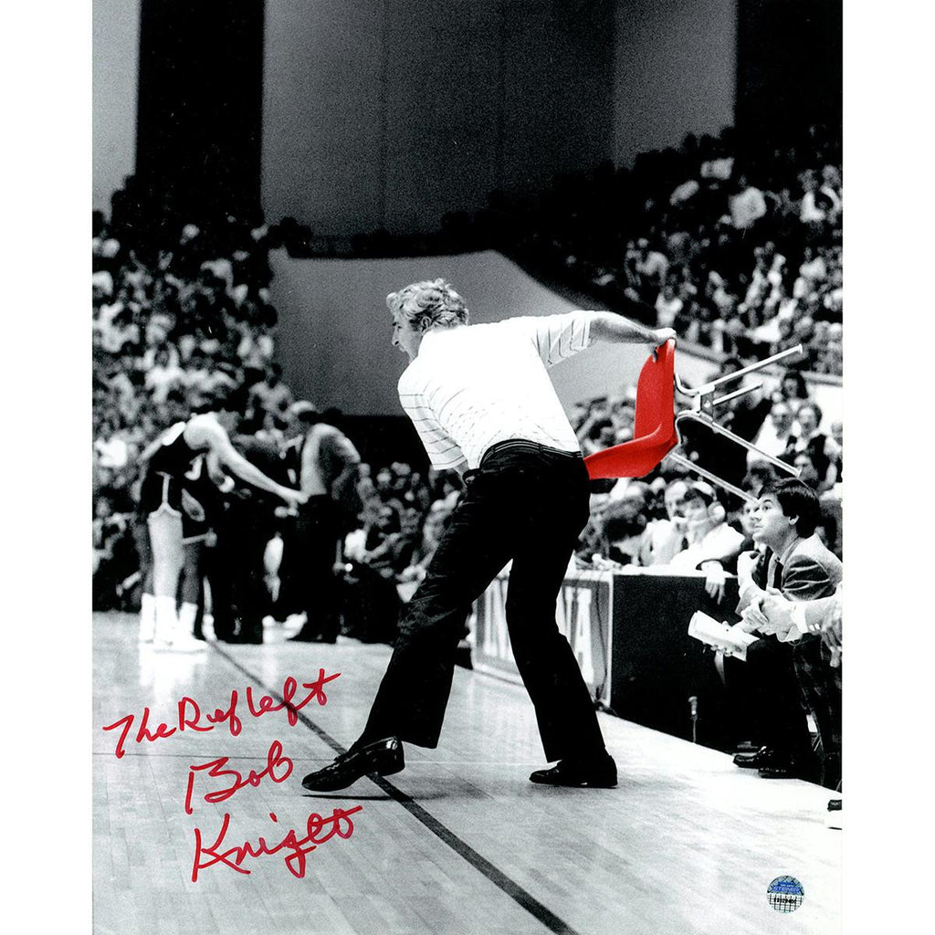 Bob Knight Signed Throwing Chair B&W w Red Chair 8x10 Photo w The Ref Left Insc.