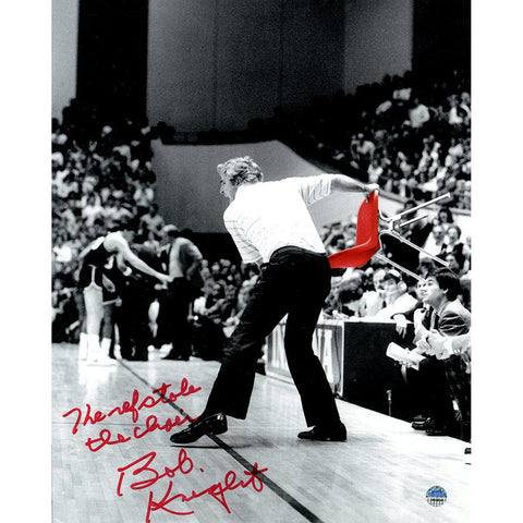 Bob Knight Signed Throwing Chair B&W w Red Chair 8x10 Photo w The Ref Stole The Chair Insc.