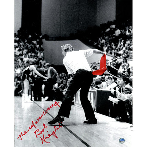 Bob Knight Signed Throwing Chair B&W w Red Chair 8x10 Photo w The Ref Was Wrong Insc.