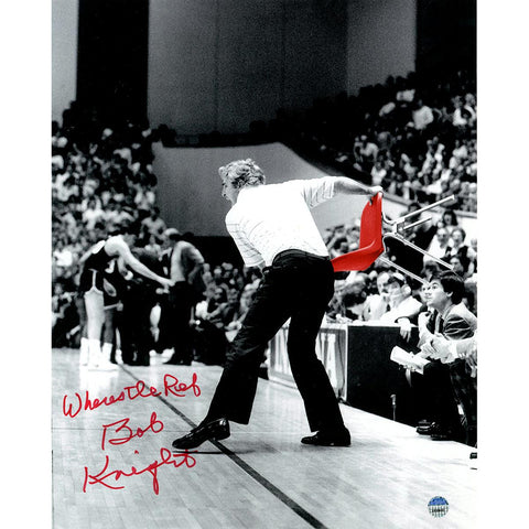 Bob Knight Signed Throwing Chair B&W w Red Chair 8x10 Photo w Wherees The Ref Insc.