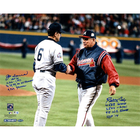 Bobby CoxJoe Torre Dual Signed 16x20 Photo w HOF 14 2504-2001 95 WS Champs 4508 Games Insc. by Bobb Cox & HOF 14 2326-1997 96 98