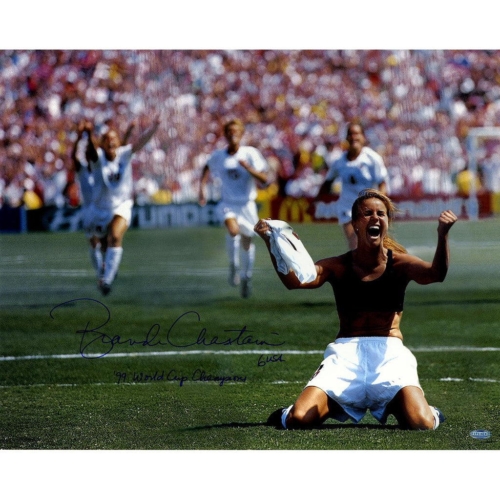 Brandi Chastain Signed PK Celebration 16x20 Photo Horizontal w 99 World Cup Champions insc.