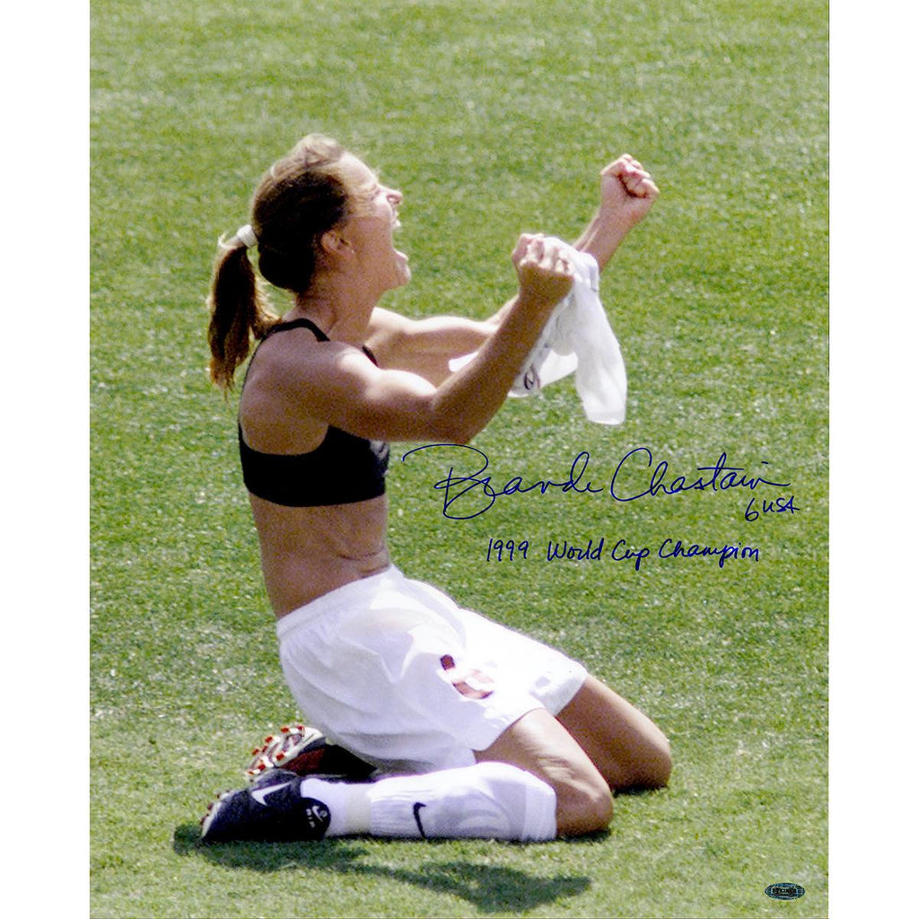 Brandi Chastain Signed PK Celebration Close Up 16x20 Vertical Photo w 99 World Cup Champions insc.