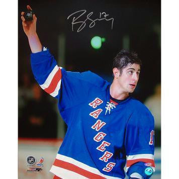 Brandon Dubinsky Rangers Blue Jersey Holding up Puck Vertical 16x20 Photo