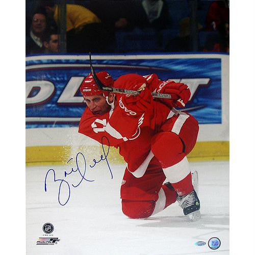 Brett Hull Red Wings Red Jersey Slap Shot Vertical 16x20 Photo