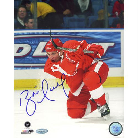 Brett Hull Red Wings Red Jersey Slap Shot Vertical 8x10 Photo