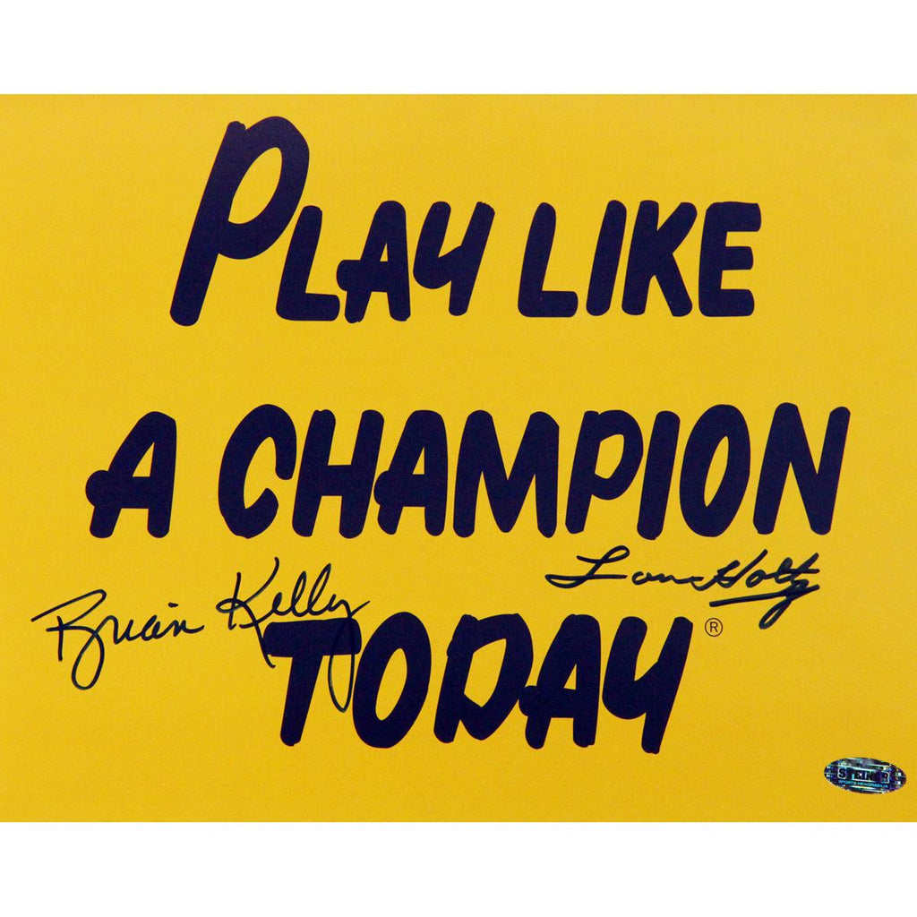 Brian KellyLou Holtz dual signed Play Like A Champion Today 8x10